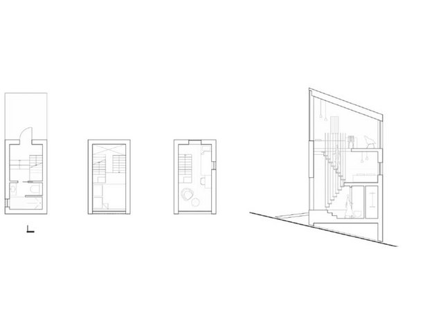 Grundrisse und Schnitt von «Tree». Aufgrund der Punktfundamente lässt sich der Bau bei Bedarf auch wieder einfach demontieren.