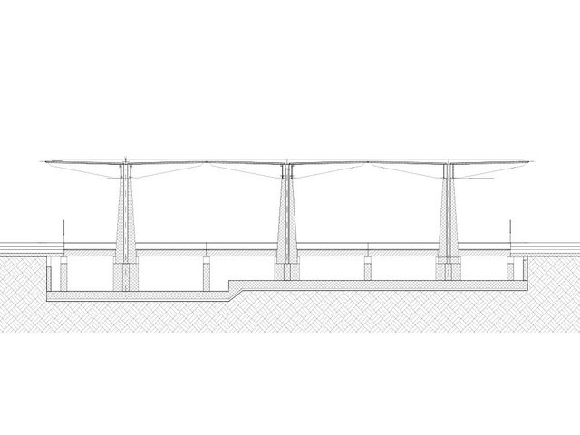 Schnitt: Für das 22,5 auf 7 Meter grosse Holzdach wurden drei Betonstützen benötigt. Nach oben hin verjüngen sich diese.