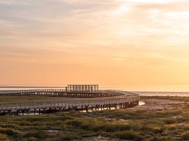 Von der Holzpromenade aus blickt man auf eine ganz besondere Landschaft zwischen Fluss und Meer.
