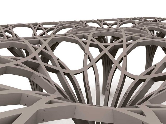 Das Dach der neuen Moschee in Cambridge ruht auf ornamentalen Baumstützen aus der Schweiz. Das eindrückliche Tragwerk besteht aus rund 3000 frei geformten Bauteilen. Die Organisation Muslim Academic Trust erteilte 2012 den Auftrag, die Fertigstellung ist für 2019 geplant. 