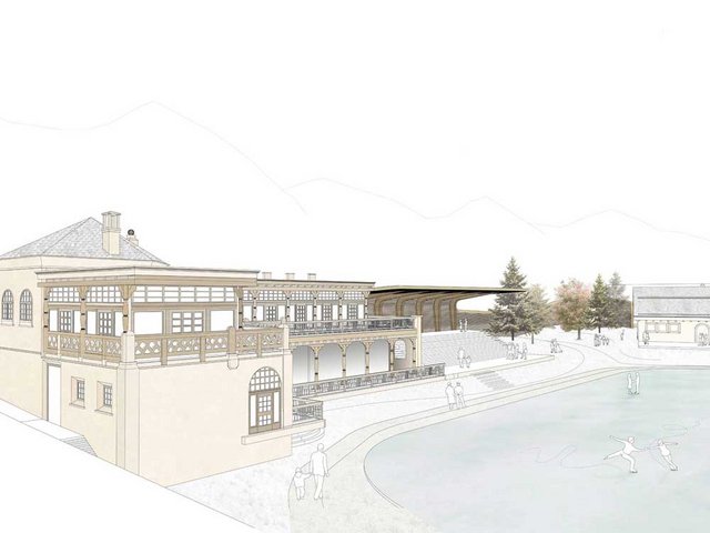 Der historische Eispavillon in St. Moritz wird nun durch moderne Tribünendächer in Holzbauweise ergänzt (rechts).